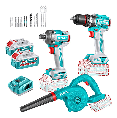 Taladro 86nm + Atornillador 285nm + Soplador 20v Total