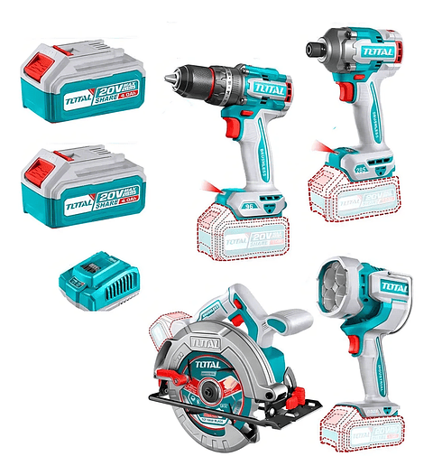 Taladro + Atornillador + Sierra Circular + Lampara 20v Total