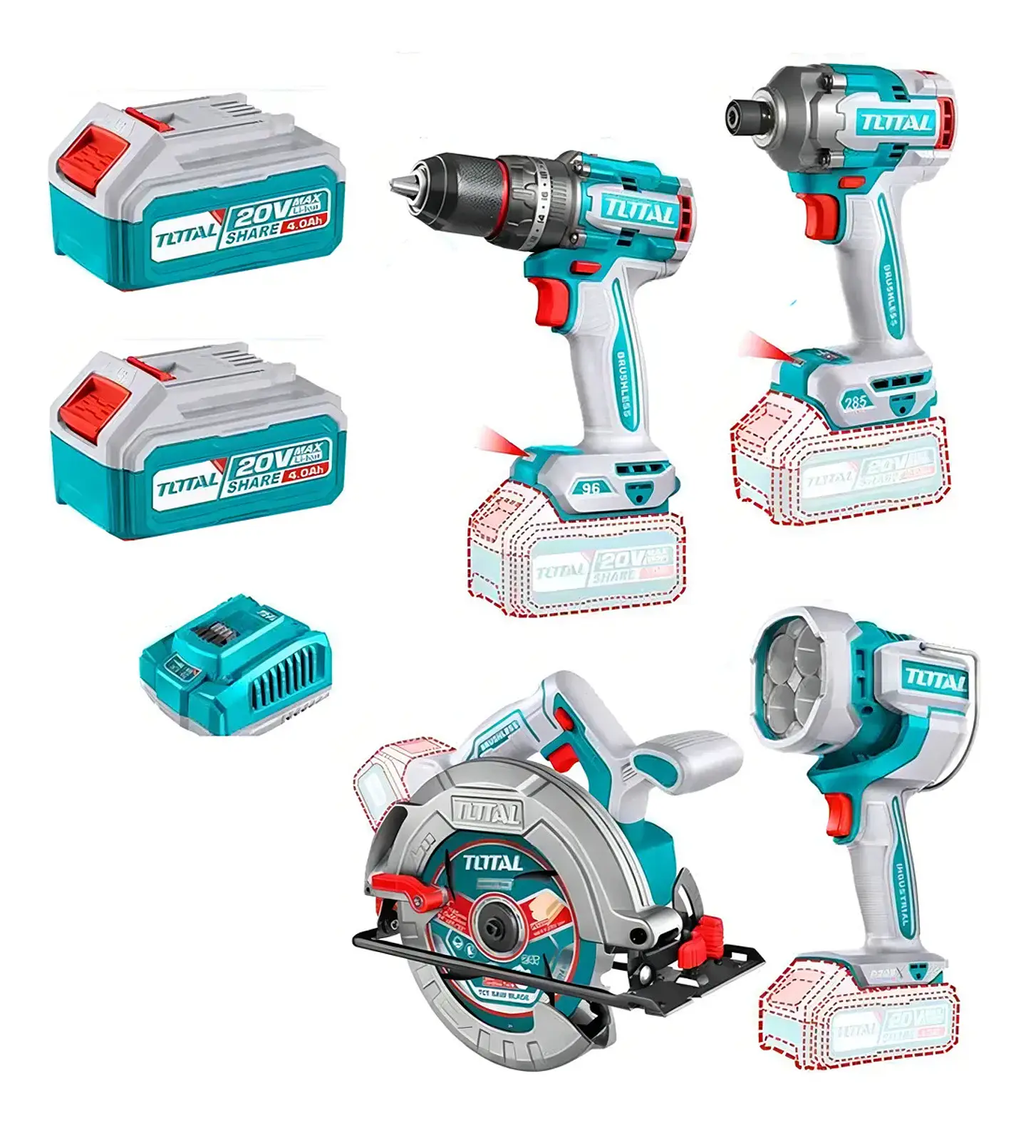 Taladro + Atornillador + Sierra Circular + Lampara 20v Total 1