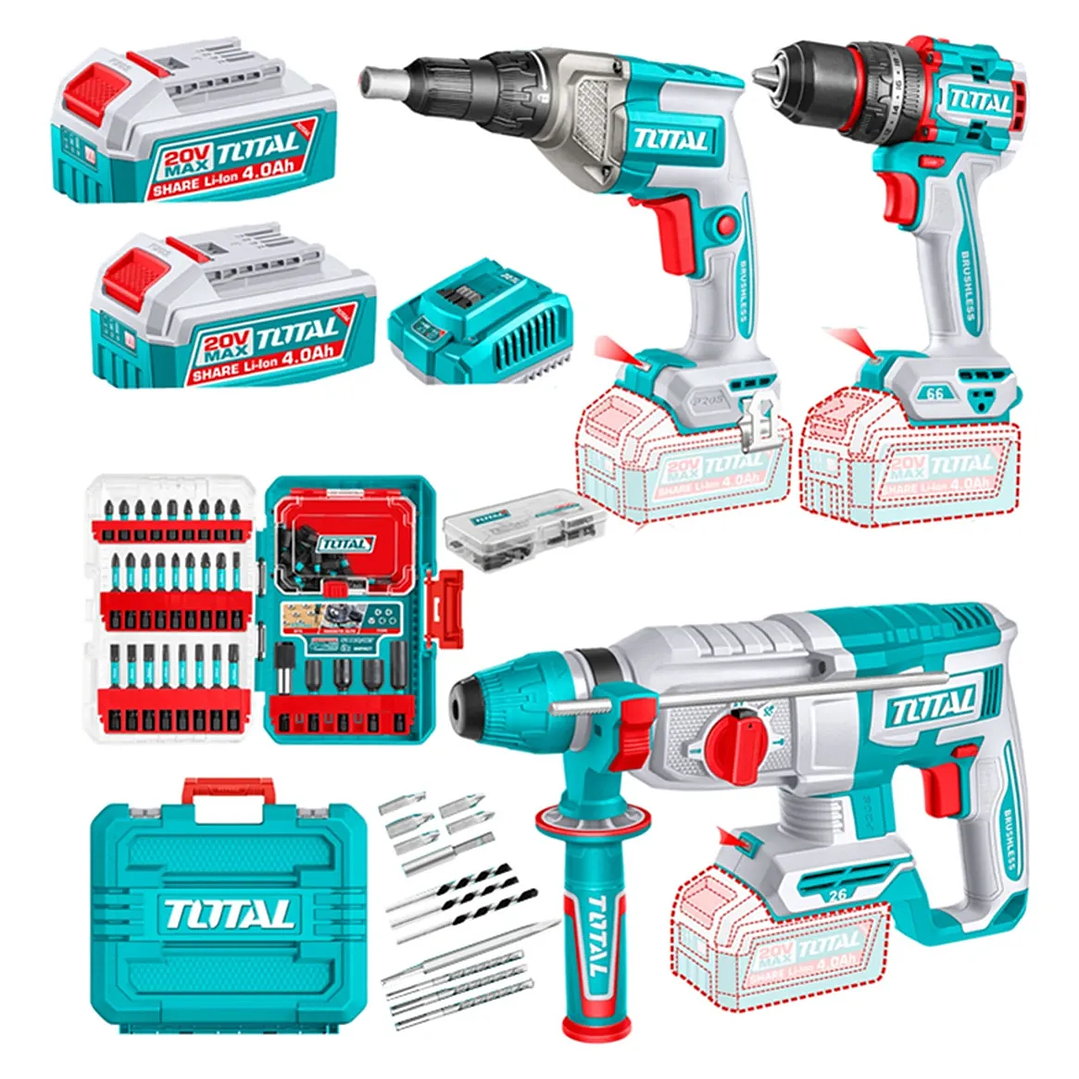 Kit Rotomartillo + Taladro + Atornillador Drywall 20v Total 1