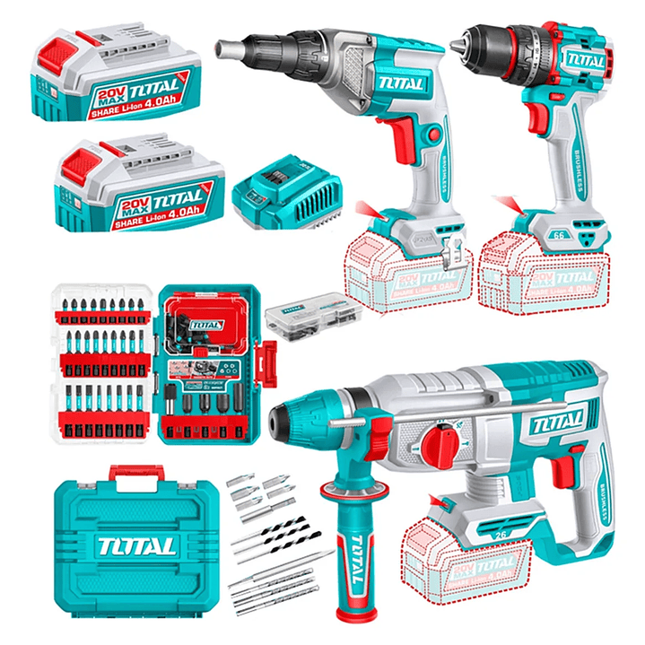 Kit Rotomartillo + Taladro + Atornillador Drywall 20v Total 1