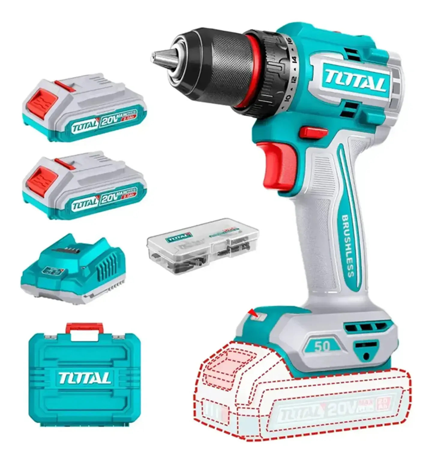 Taladro Atornillador 20v 50nm 2 batería + Cargador Total Tdli205062  1