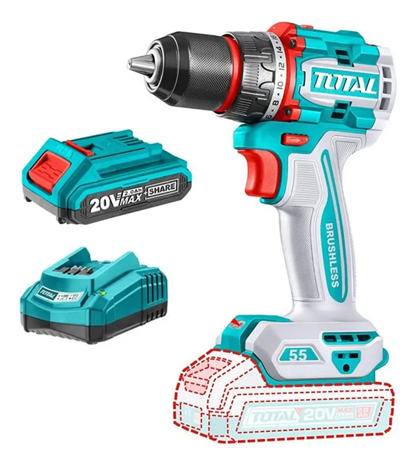 Taladro Inalámbrico 20v 13mm 55nm + Batería + Cargador Total TDLI20558122 1