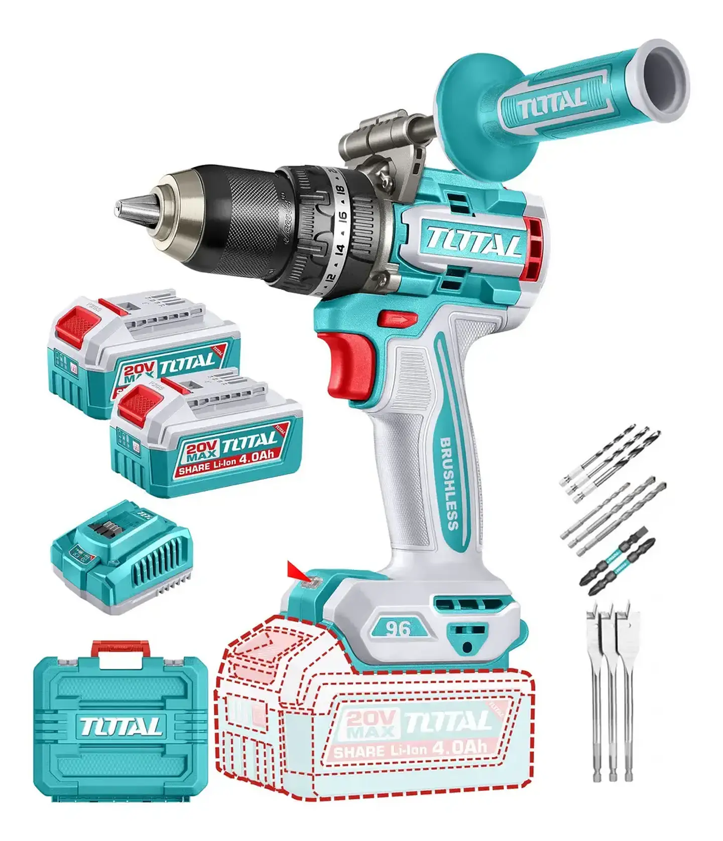 Taladro Percutor 20v 96nm 2 batería + Cargador Total Tidli209686  1