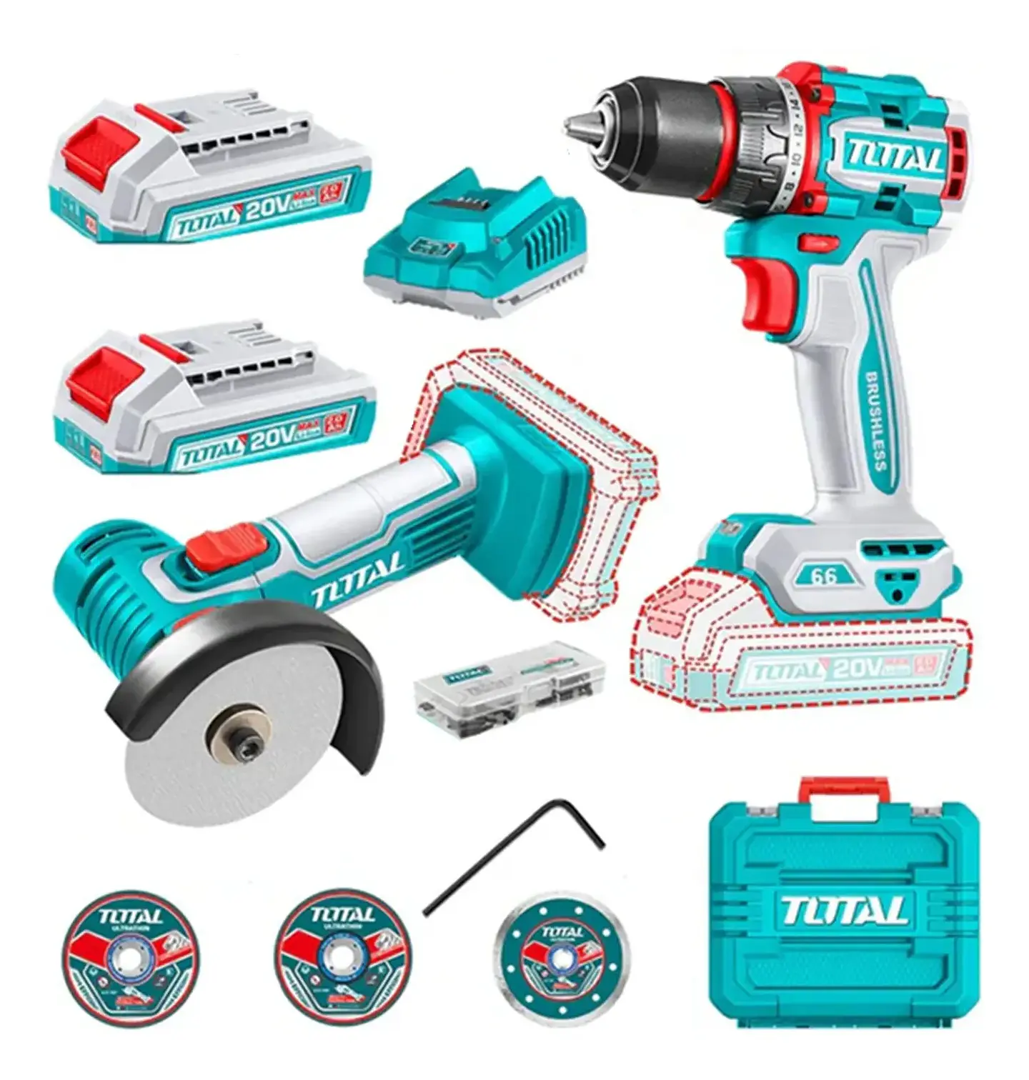 Kit Taladro 66nm + Galletera Esmeril Angular 20v Total TCKLI20766 1