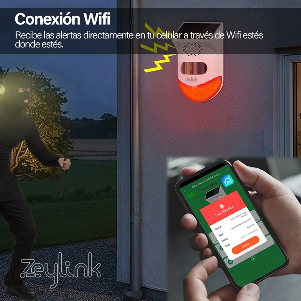 Sensor Pir Alarma Wifi Solar Sonido 120Db 433 Mhz Zeylink 2