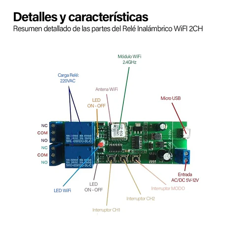 Rele Wifi 2 Canales Inalambrico 12V Control 220V App Zeylink
