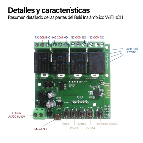 Rele Inalambrico Wifi 4 Canales Domotica Alexa Google App Zeylink Input 12Vdc