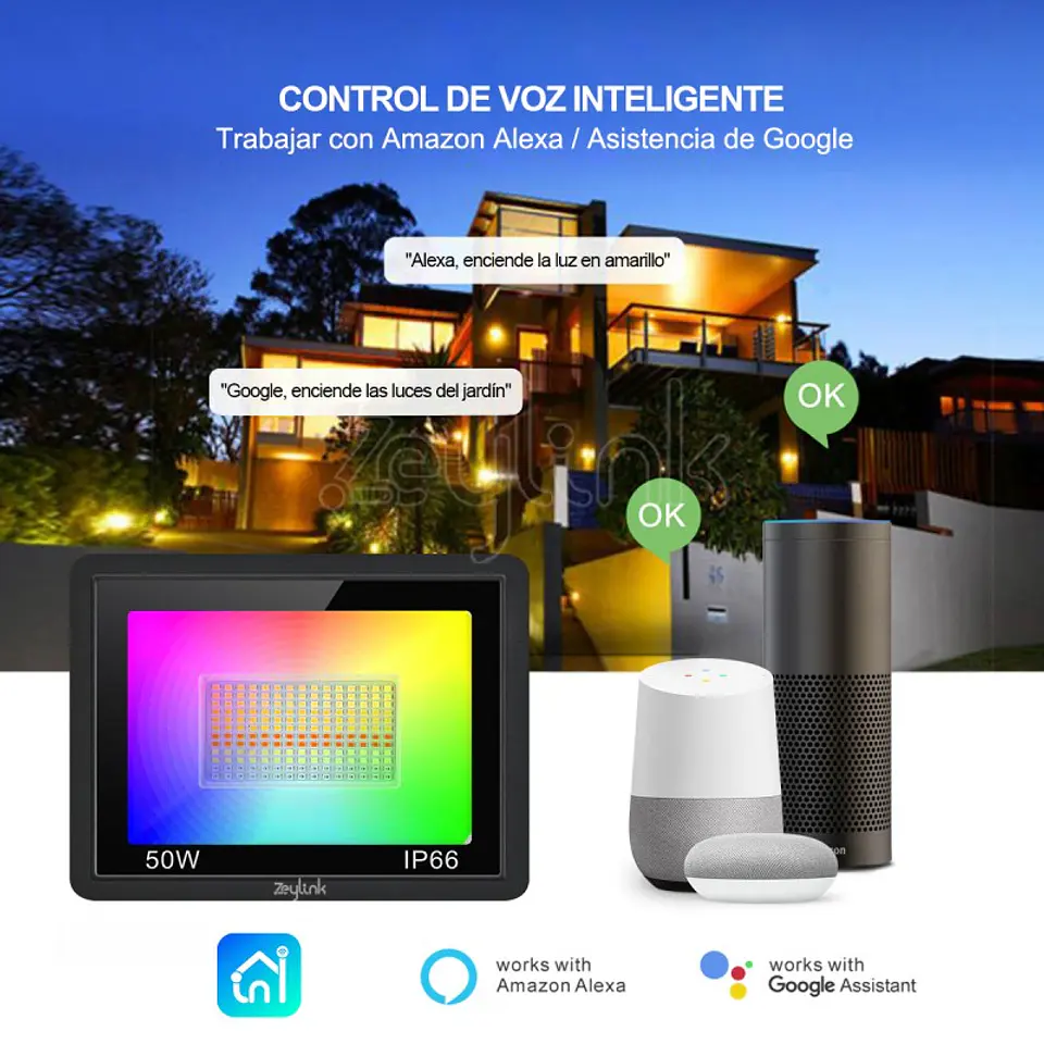 Foco Proyector Led 50W Wifi Zeylink Rgbcw Exterior App 4