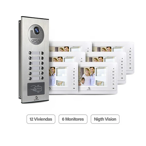 Kit Videoportero Para 12 Viviendas + 6 Monitores 7" Pantalla Color Hd