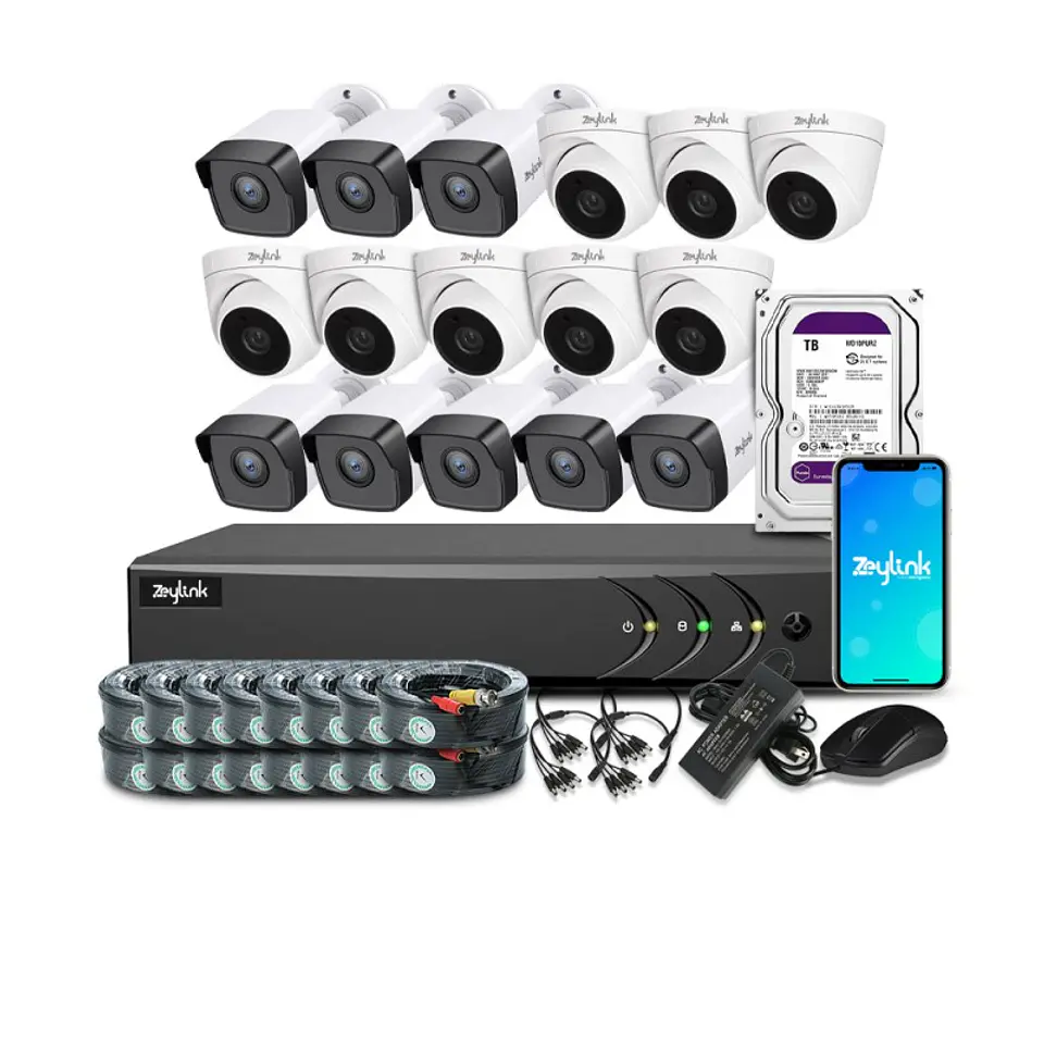 Kit Video Vigilancia Zeylink 16Ch Dvr 2Mp Cctv + 8 Cámaras Bullet + 8 Domo Profesional + Dd 1Tb 1