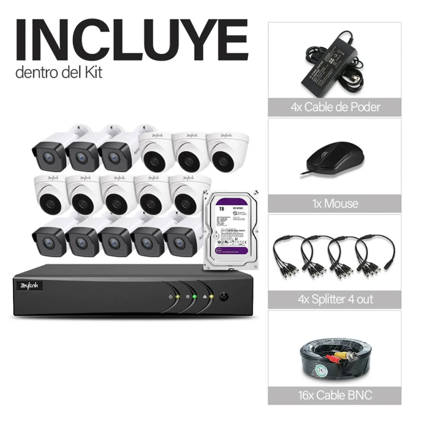 Kit Video Vigilancia Zeylink 16Ch Dvr 2Mp Cctv + 8 Cámaras Bullet + 8 Domo Profesional + Dd 1Tb 8