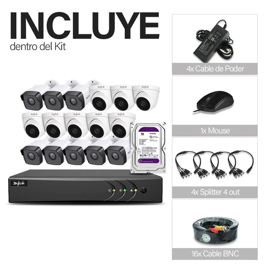 Kit Video Vigilancia Zeylink 16Ch Dvr 2Mp Cctv + 8 Cámaras Bullet + 8 Domo Profesional + Dd 1Tb 8