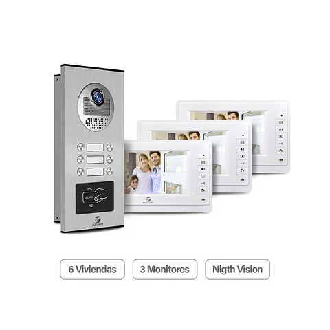 Kit Videoportero Para 6 Casas + 3 Monitores Pantalla 7" Interior Color Hd