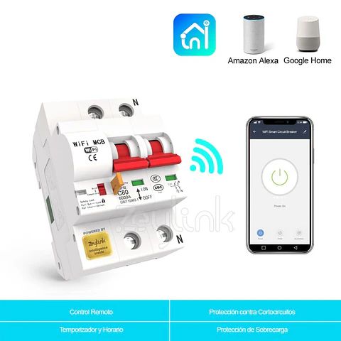 Disyuntor Interruptor Automático Wifi 16A 2P Control Celular Zeylink