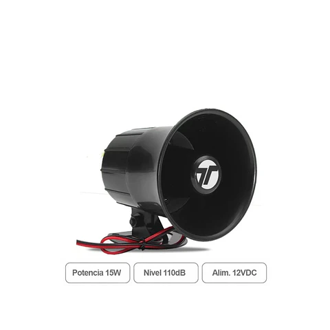 Sirena 15W 12Vdc Tipo Megafono 1 Tono Negro Para Alarmas Gsm Exterior Interior