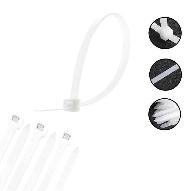 Amarras Plasticas 2.5x100mm 100 Unidades Blanco Alta Resistencia Autobloqueable Para Cableado