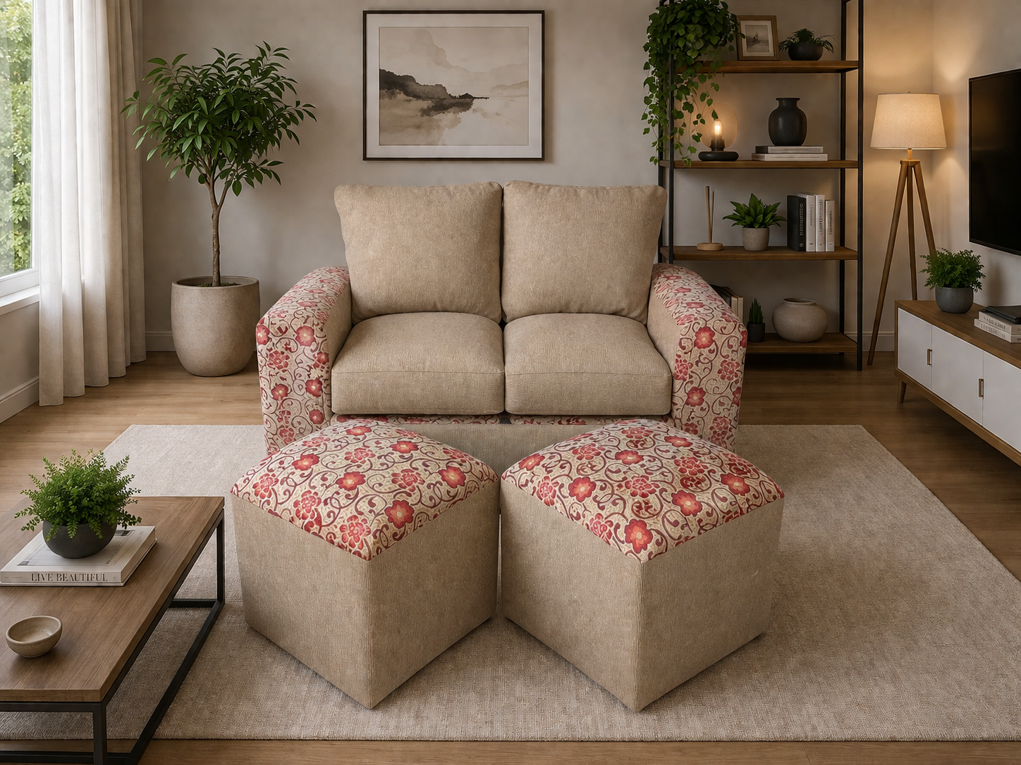Sofá Antonia 2 Cuerpos + 2 Pouf - Beige