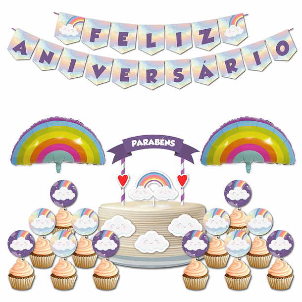 Topo bolo de arco-íris, bandeiras felizes do bolo do aniversário, jogo do  topper do bolo