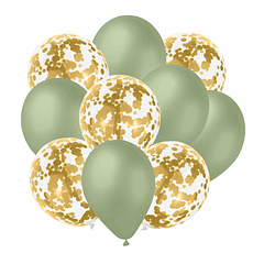 10 Balões Verde Olive e Dourado 