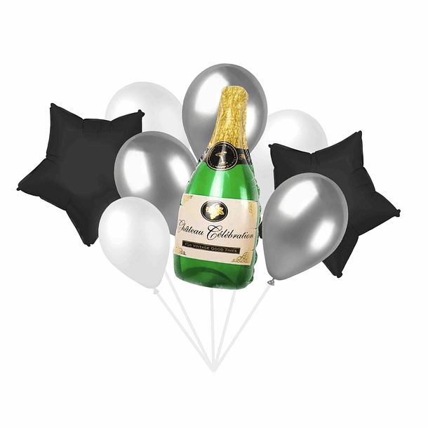 Bouquet Balões Champagne Prata e Preto 1