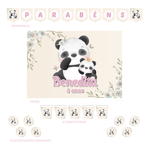 Kit Decoração Panda Aquarela Menina (Várias_Opções)  2