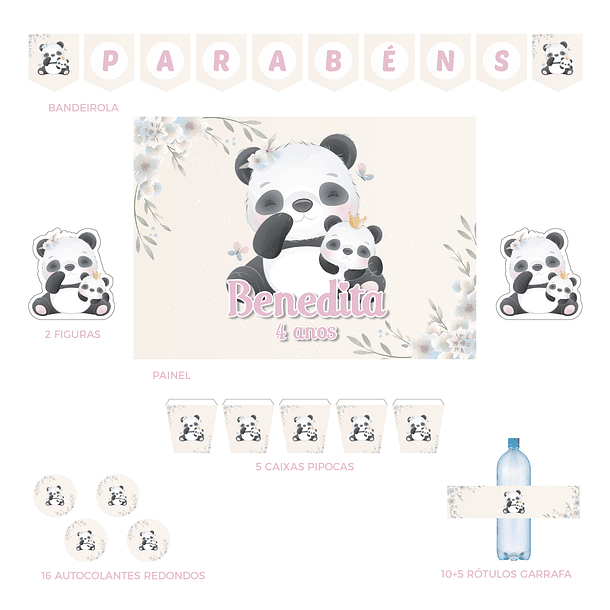 Kit Decoración Panda Acuarela Tema Niñas (Varias Opciones) 3