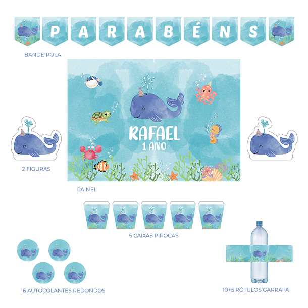 Kit Decoração Animais do Mar Aquarela (Várias_Opções)  3