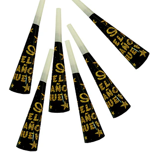 Corneta Feliz Año Nuevo Dorado Glitter 6 Uni