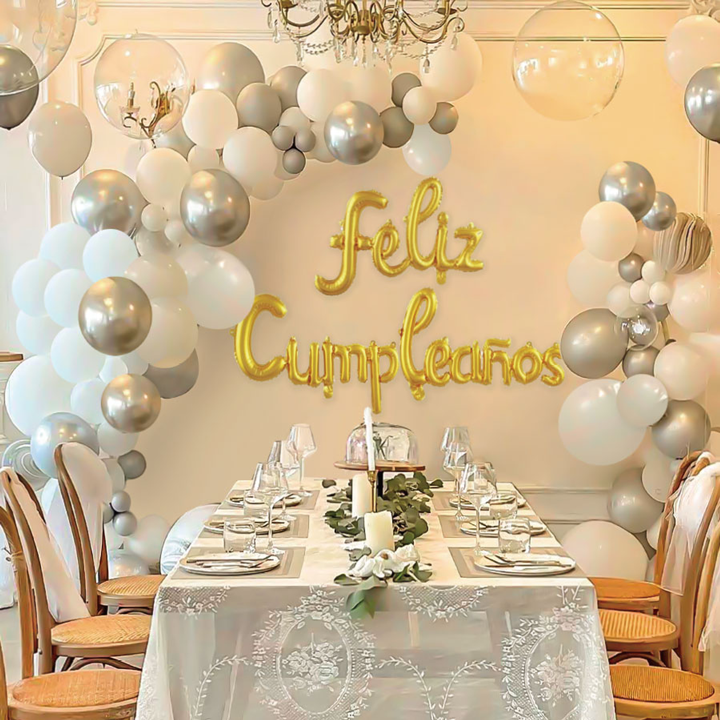 Set Deco Globos Feliz Cumpleaños Blanco/Gris/Plateado 1 Uni