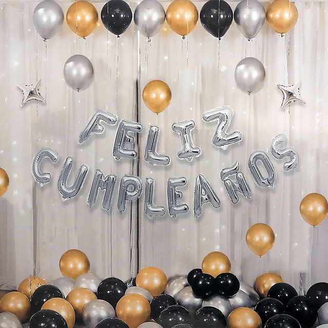 Set Deco Globos Feliz Cumpleaños Dor/Negr/Plat Y Estrell 1 Uni