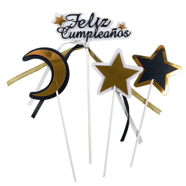 Topper Feliz Cumpleaños Estrellas Dor /Neg 1 Uni