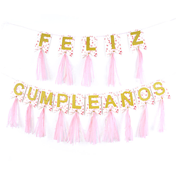 Guirnalda Banderín Porras Feliz Cumpleaños Rosa Glitter Dorado 1 Uni