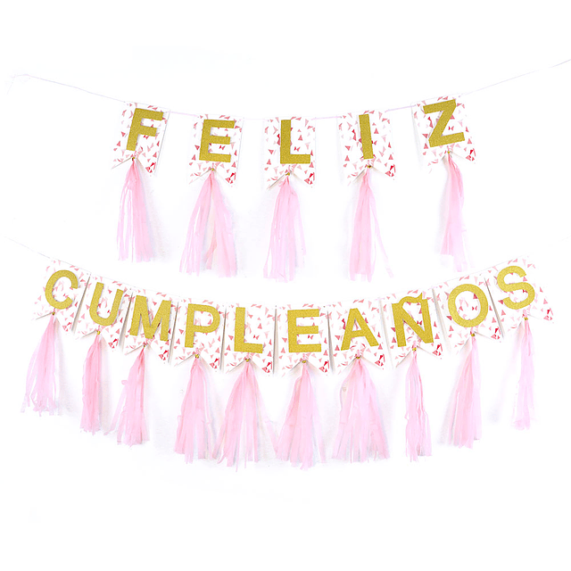 Guirnalda Banderín Porras Feliz Cumpleaños Rosa Glitter Dorado 1 Uni