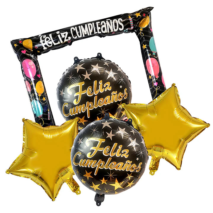 Set 5 Globos Feliz Cumpleaños C/Selfie 81x74 Negro/Dorado 1 Uni