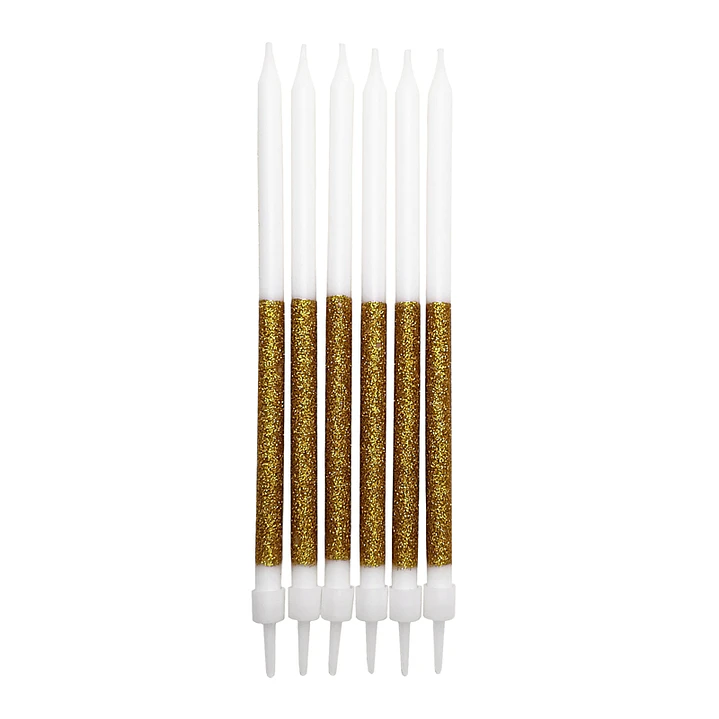 Velas 12,5cm Blanco/Dorado/Glitter con Posavelas 6 Uni