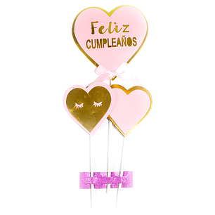 Picks Corazones Feliz Cumpleaños Rosa/Dor 22 Cm 3 Uni