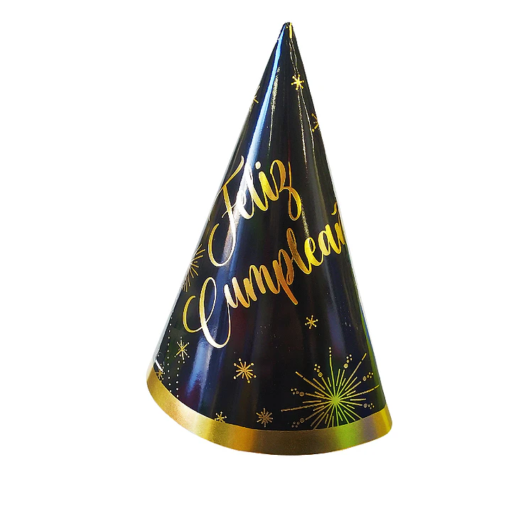 Gorro 16cm Feliz Cumpleaños Negro/Dorado Metalizado 6 Uni