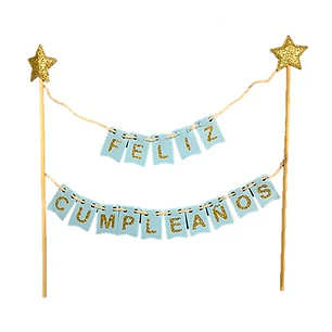 Topper Torta Feliz Cumpleaños Celeste Dorado 1 Uni