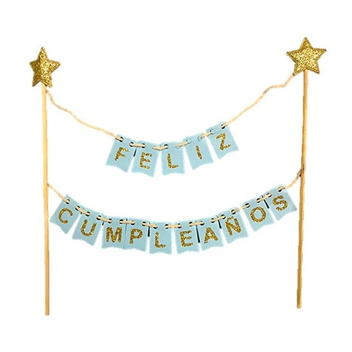 Topper Torta Feliz Cumpleaños Celeste Dorado 1 Uni