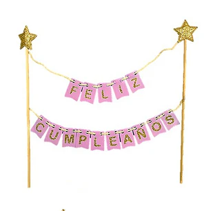 Topper Torta Feliz Cumpleaños Rosado Dorado 1 Uni