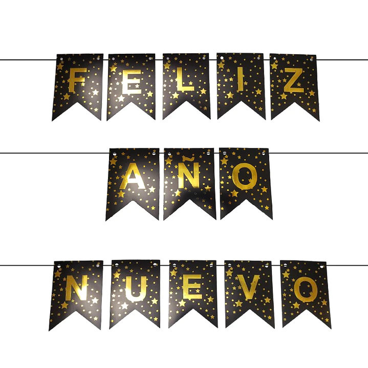 Guirnalda Banderines Feliz Año Nuevo Stars Negro Dorado 1 Uni
