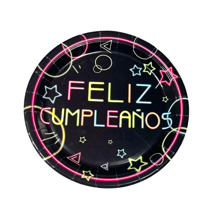 Plato 18cm Feliz Cumpleaños Negro/Colores 6 Uni