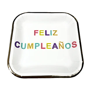 Plato Cuadrado 23cm Feliz Cumpleaños Borde Dorado 6 Uni