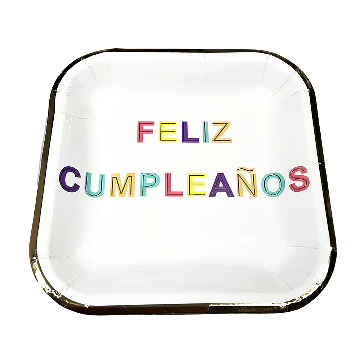 Plato Cuadrado 23cm Feliz Cumpleaños Borde Dorado 6 Uni
