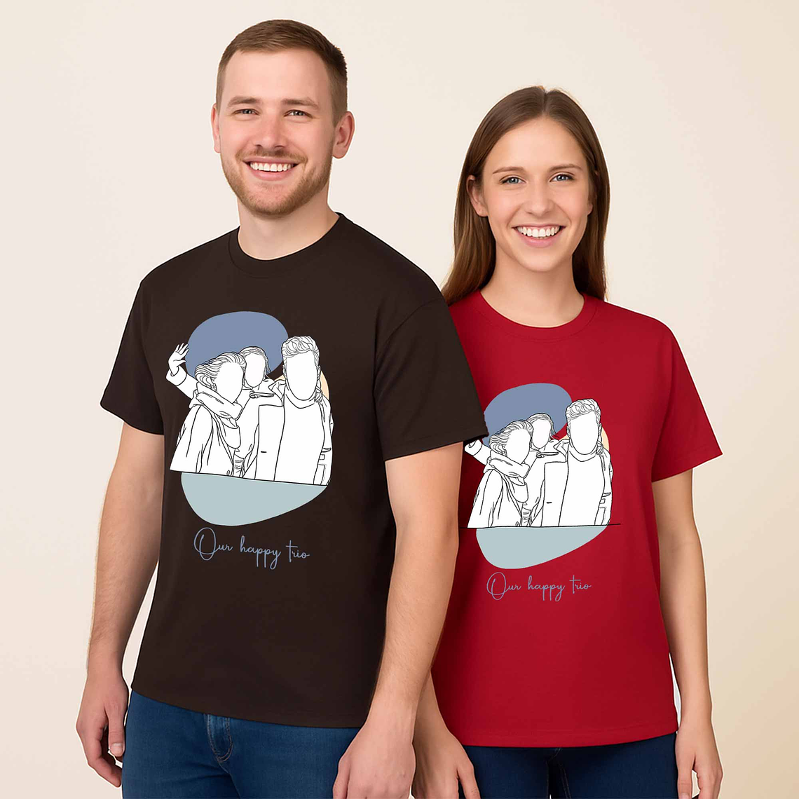 Custom Photo to Line Art Family Picture Unisex Crewneck T-shirt S-5XL Minimalist Style Gift for Father, Mother's Day 7