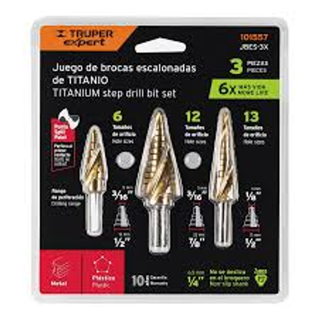 JUEGO DE 3 BROCAS ESCALONADS DE TITANIO 1