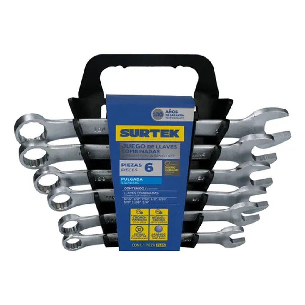 Juego de llaves combinadas satinadas en pulgadas, 12 puntas, 6 piezas 1