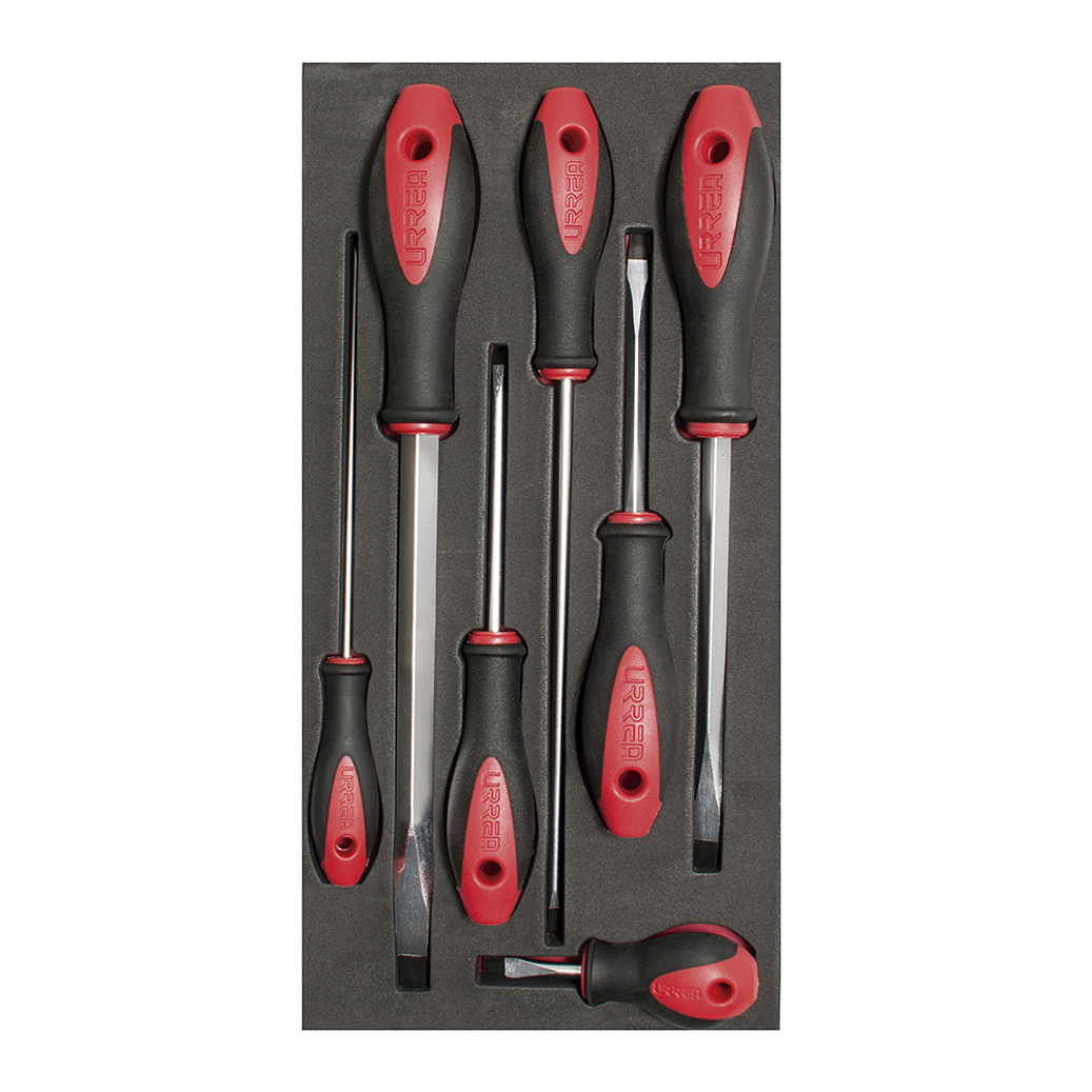 Juego de destornilladores mango bimaterial punta plana bandeja EVA, 7 piezas 1