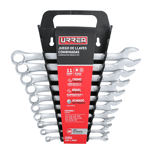 Juego de llaves combinadas satinadas métricas, 12 puntas, 11 piezas en rack